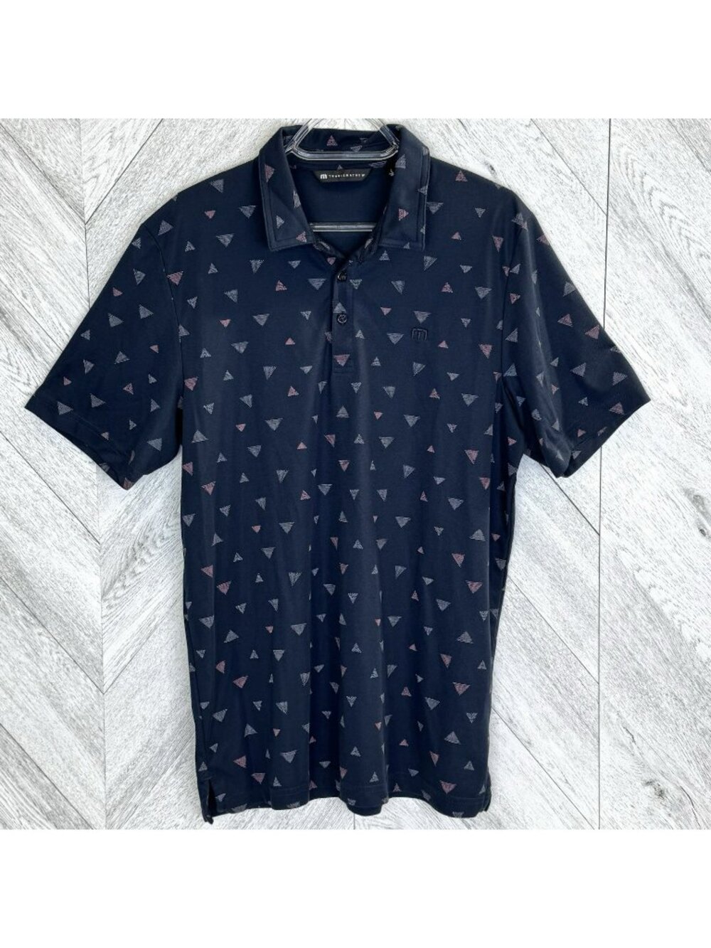 Travis Mathew Polo Golf Shirt Mens Size Large Navy Blue Geometric Print